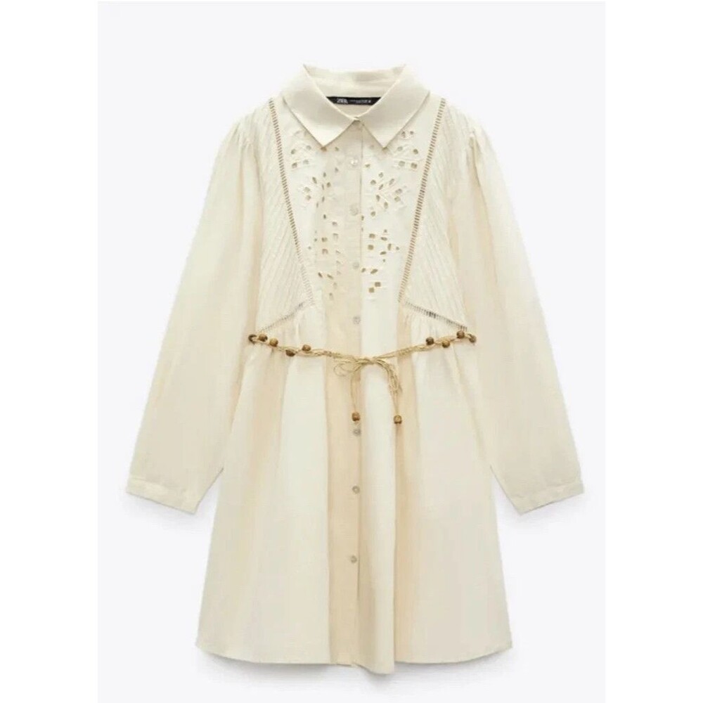 NEW Zara Womens XS Button Down Shirt Dress Beige Eyelet Beaded Belt